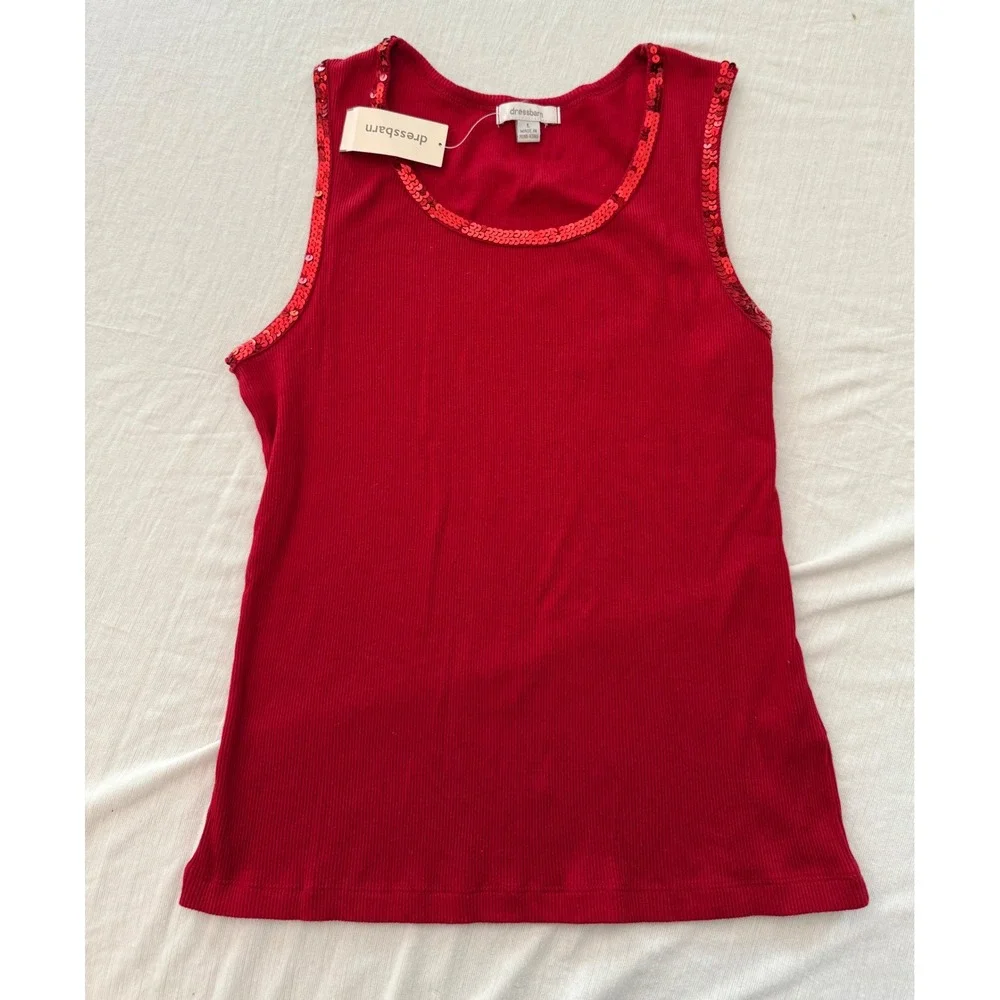 Dressbarn Girls Red Ribbed Sequin Trim Tank Top Size L Holiday Sleeveless Shirt